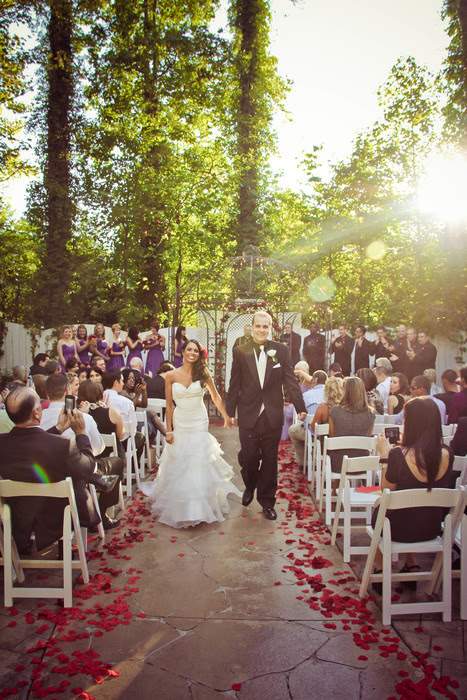 bride and groom walking down aisle at outdoor wedding in Marietta, GA