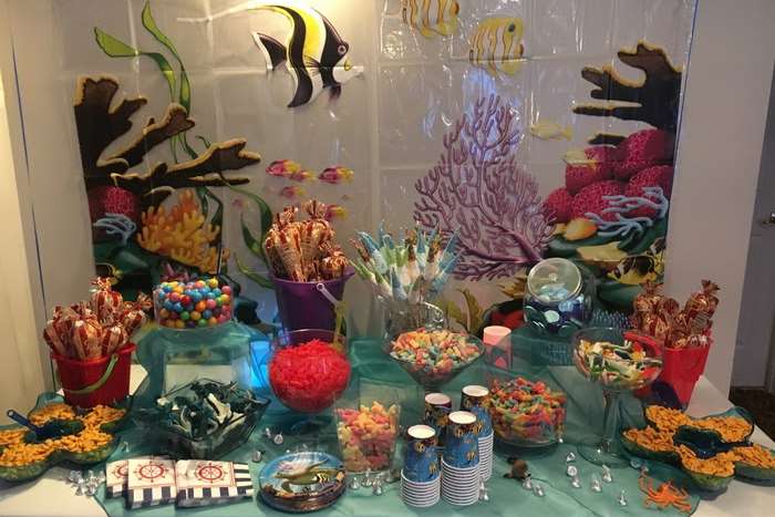 aquarium themed candy and snacks table for mitzvah