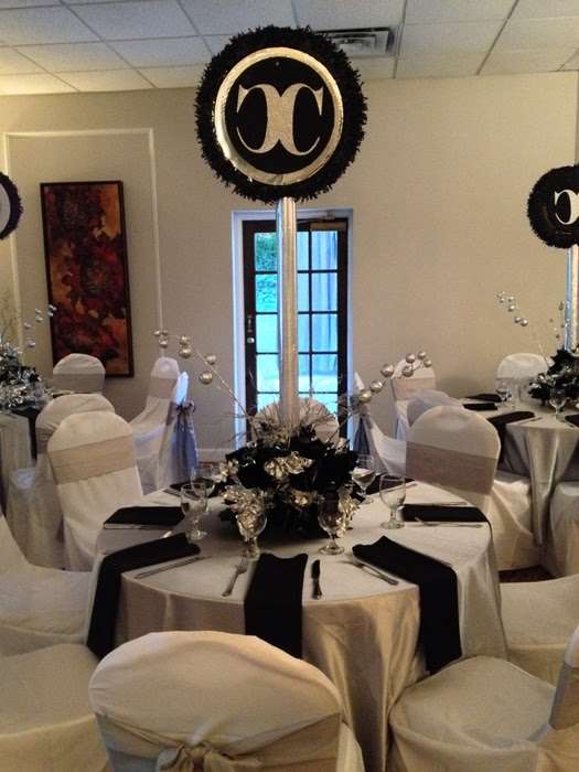 black and white table decor at mitzvah in Marietta, GA