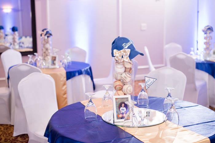 blue and white baseball themed mitzvah in Marietta, GA